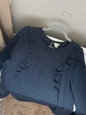 J. Crew Navy Swiss Dot Ruffle Front Blouse